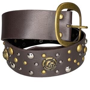 Brown Faux Leather Studded Belt Womens Small  Bronzed Buckle Hippie Hipster